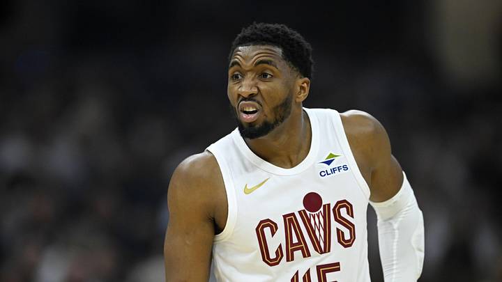 Apr 29, 2026; Cleveland, Ohio, USA; Cleveland Cavaliers guard Donovan Mitchell (45) reacts against the Toronto Raptors in the first quarter of game five of the first round of the 2026 NBA Playoffs at Rocket Arena. Mandatory Credit: David Richard-Imagn Images
