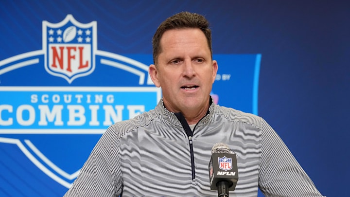 Feb 25, 2025; Indianapolis, IN, USA; Denver Broncos general manager George Paton speaks during the NFL Scouting Combine at the Indiana Convention Center. Mandatory Credit: Kirby Lee-Imagn Images