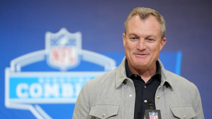 Feb 24, 2026; Indianapolis, IN, USA; San Francisco 49ers general manager John Lynch speaks at the NFL Scouting Combine at the Indiana Convention Center. Mandatory Credit: Kirby Lee-Imagn Images