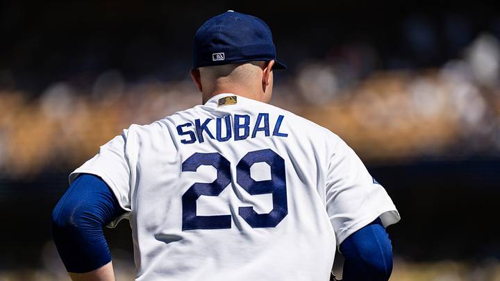 Aug 16, 2026; Los Angeles, California, USA; Los Angeles Dodgers pitcher Tarik Skubal (29) takes the field in the sixth inning against the Milwaukee Brewers at Dodger Stadium. Mandatory Credit: Jon Endow-Imagn Images