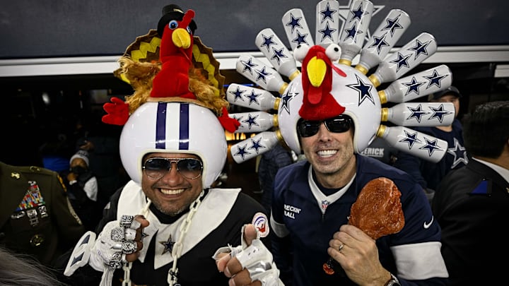 A view of Dallas Cowboys fans in turkey helmets before the game between the Dallas Cowboys and the New York Giants.