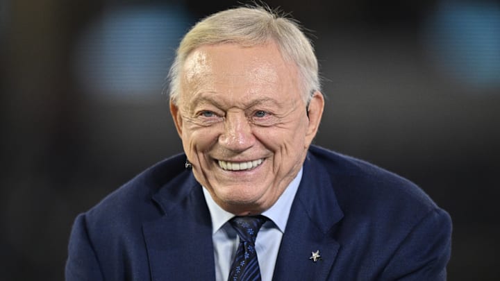 Dallas Cowboys owner Jerry Jones talks before the game against the Arizona Cardinals at AT&T Stadium.