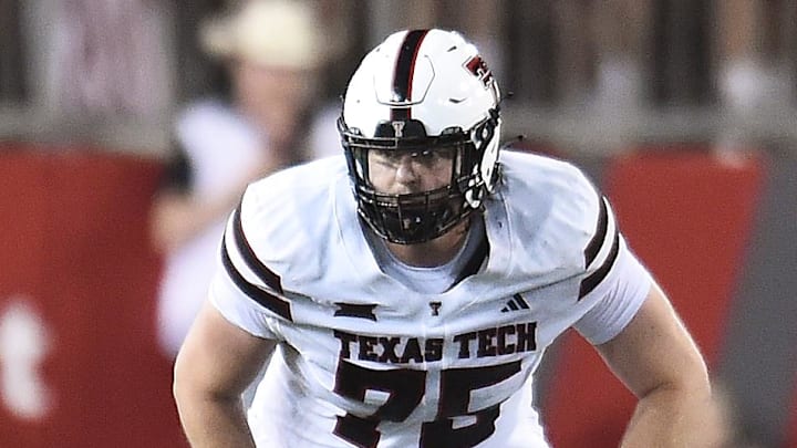 Sep 7, 2024; Pullman, Washington, USA; Texas Tech Red Raiders offensive lineman Ty Buchanan (75) comes set for a play against the Washington State Cougars in the second half at Gesa Field at Martin Stadium. Washington State Cougars won 37-16. Mandatory Credit: James Snook-Imagn Images