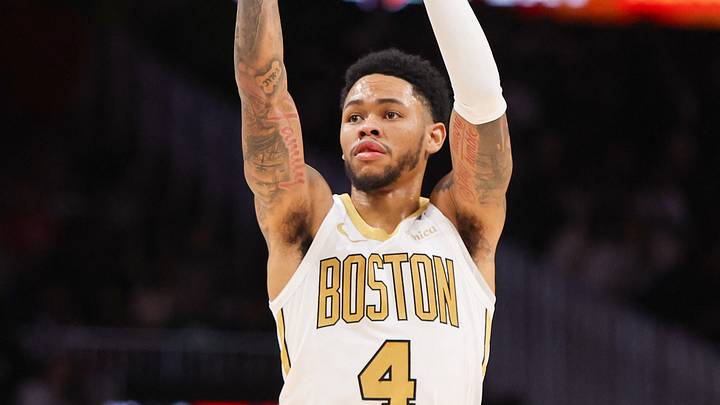 Jan 17, 2026; Atlanta, Georgia, USA; Boston Celtics guard Anfernee Simons (4) shoots against the Atlanta Hawks in the fourth quarter at State Farm Arena. Mandatory Credit: Brett Davis-Imagn Images Jan 17, 2026; Atlanta, Georgia, USA; Boston Celtics guard Anfernee Simons (4) shoots against the Atlanta Hawks in the fourth quarter at State Farm Arena. Mandatory Credit: Brett Davis-Imagn Images