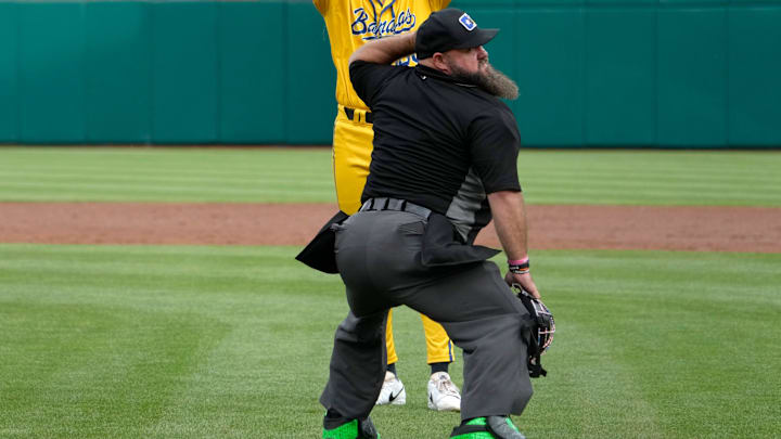 May 24, 2024; Columbus, Ohio, USA; 
Dancing umpire Vincent Chapman twerks before a Savannah Bananas game at Huntington Park on Friday evening.