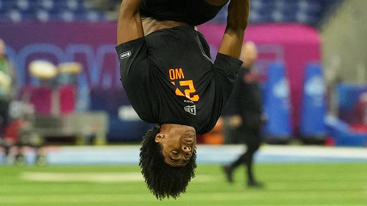 Feb 28, 2026; Indianapolis, IN, USA; Southern California wideout Ja'Kobi Lane (WO27) does a flip during the NFL Scouting Combine at Lucas Oil Stadium. Mandatory Credit: Kirby Lee-Imagn Images Feb 28, 2026; Indianapolis, IN, USA; Southern California wideout Ja'Kobi Lane (WO27) does a flip during the NFL Scouting Combine at Lucas Oil Stadium. Mandatory Credit: Kirby Lee-Imagn Images