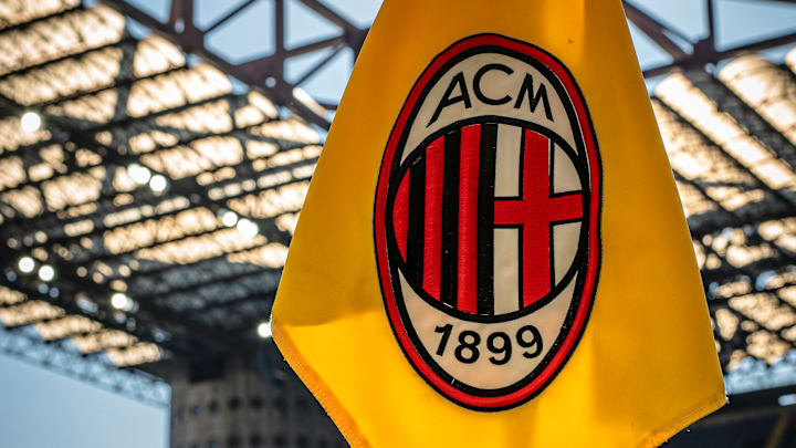 A corner flag bearing AC Milan logo crest in seen prior to...