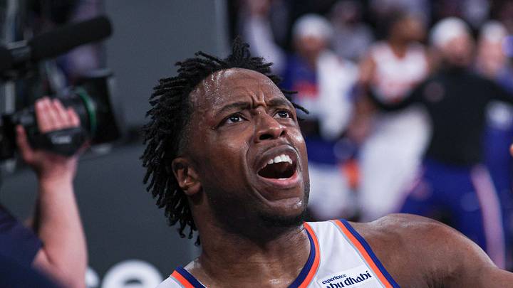 Apr 18, 2026; New York, New York, USA; New York Knicks forward Og Anunoby (8) reacts after a play against the Atlanta Hawks during the first half of the 2026 NBA Playoffs at Madison Square Garden. Mandatory Credit: Vincent Carchietta-Imagn Images