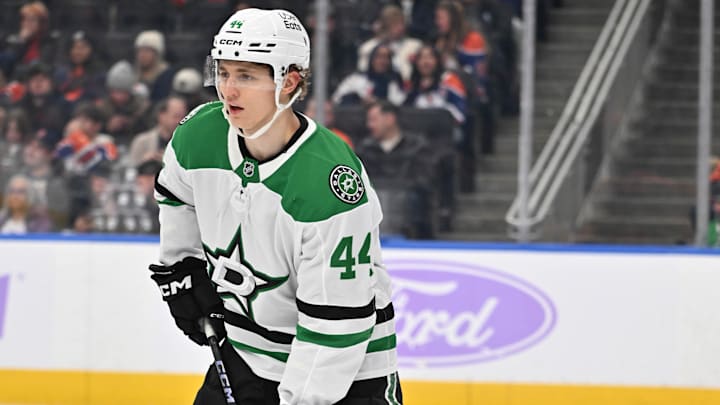 Nov 25, 2025; Edmonton, Alberta, CAN; Dallas Stars defenceman Vladislav Kolyachonok (44) is seen out on the ice as the Edmonton Oilers take on the Dallas Stars during the third period at Rogers Place. Mandatory Credit: Walter Tychnowicz-Imagn Images Nov 25, 2025; Edmonton, Alberta, CAN; Dallas Stars defenceman Vladislav Kolyachonok (44) is seen out on the ice as the Edmonton Oilers take on the Dallas Stars during the third period at Rogers Place. Mandatory Credit: Walter Tychnowicz-Imagn Images