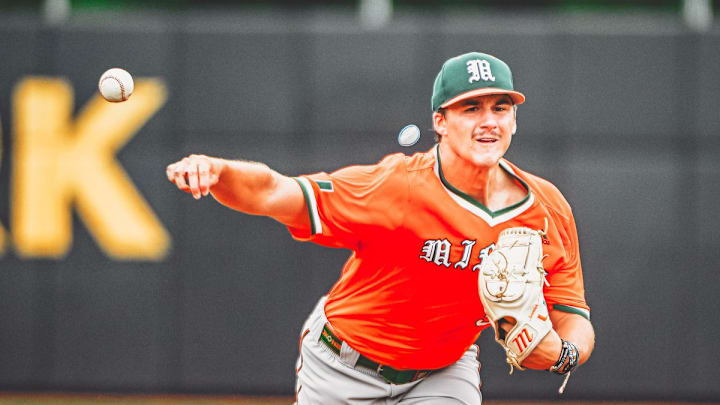 Miami Hurricanes freshman starter AJ Ciscar throwing against the Alabama Crimson Tide in the Hattiesburg Regional.