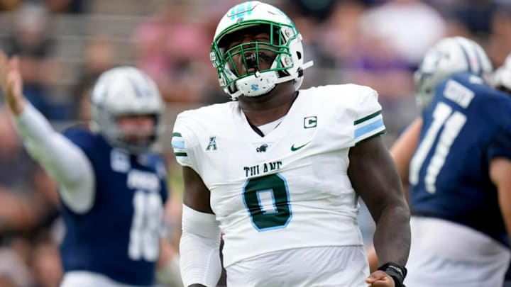 Tulane defensive lineman Patrick Jenkins reacts after his tackle during the first half of an NCAA college football game against Rice, Saturday, Oct. 28, 2023, in Houston.