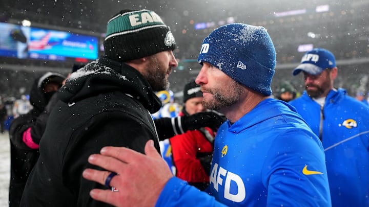 Philadelphia Eagles coach Nick Sirianni and L.A. Rams coach Sean McVay meet on the field after the NFC divisional round. 