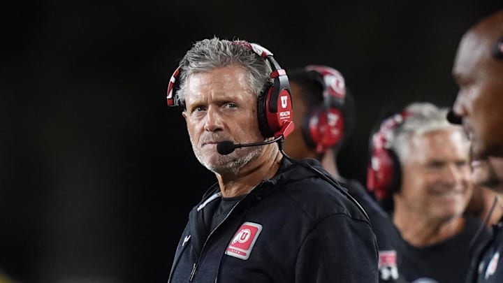 Utah Utes head coach Kyle Whittingham during fourth quarter against the Wyoming Cowboys at Jonah Field at War Memorial Stadium.