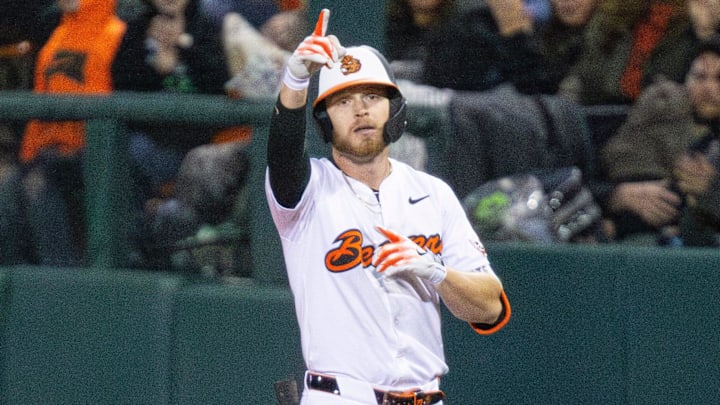 Oregon State's Canon Reeder (23) celebrates hitting a single during an NCAA college baseball game at Goss Stadium on Friday, March 7, 2025, in Corvallis, Ore. Oregon State's Canon Reeder (23) celebrates hitting a single during an NCAA college baseball game at Goss Stadium on Friday, March 7, 2025, in Corvallis, Ore.