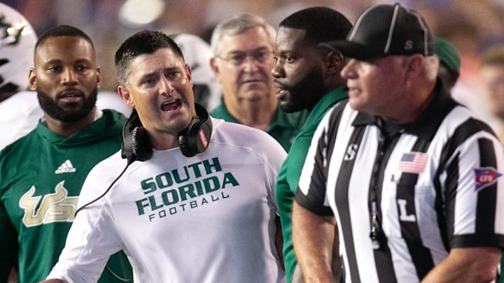 South Florida Bulls head coach Jeff Scott argues with the referee while playing the Gators at Steve Spurrier Field at Ben Hill Griffin Stadium in Gainesville, FL on Saturday, September 17, 2022. [Doug Engle/Gainesville Sun]

Ncaa Football Florida Gators Vs Usf