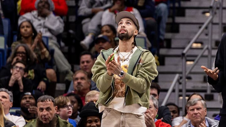 Jan 21, 2026; New Orleans, Louisiana, USA;  New Orleans Pelicans guard Jose Alvarado (15) reacts to a play from the sidelines against the Detroit Pistons during the second half at Smoothie King Center. Mandatory Credit: Stephen Lew-Imagn Images