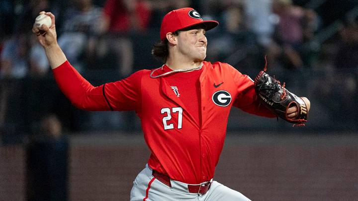 Georgia Bulldog's Dylan Vigue (27) pitches as Auburn Tigers take on Georgia Bulldogs at Plainsman Park in Auburn, Ala. on Friday, May 15, 2026. Georgia Bulldog's Dylan Vigue (27) pitches as Auburn Tigers take on Georgia Bulldogs at Plainsman Park in Auburn, Ala. on Friday, May 15, 2026.