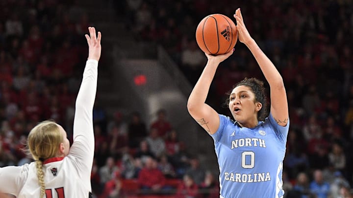 North Carolina's Alexandra Zelaya (0) takes the jump shot over N.C State's Maddie Cox (11) during