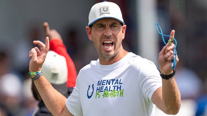 Indianapolis Colts head coach Shane Steichen yells directions to his team Wednesday, Aug. 19, 2026, during a joint practice with the Atlanta Falcons at Grand Park in Westfield.
