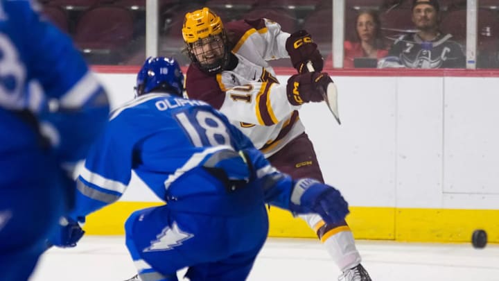 Gophers forward Connor Kurth fires a shot against Air Force during the Ice Breaker Tournament in Las Vegas on Friday, Oct. 11, 2024. Gophers forward Connor Kurth fires a shot against Air Force during the Ice Breaker Tournament in Las Vegas on Friday, Oct. 11, 2024.