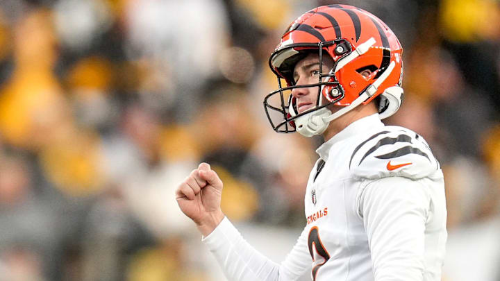 Cincinnati Bengals place kicker Evan McPherson (2) celebrates a field goal in the fourth quarter of the NFL Week 11 game between the Pittsburgh Steelers and the Cincinnati Bengals at Acrisure Stadium in Pittsburgh on Sunday, Nov. 16, 2025. The Bengals lost 34-12.