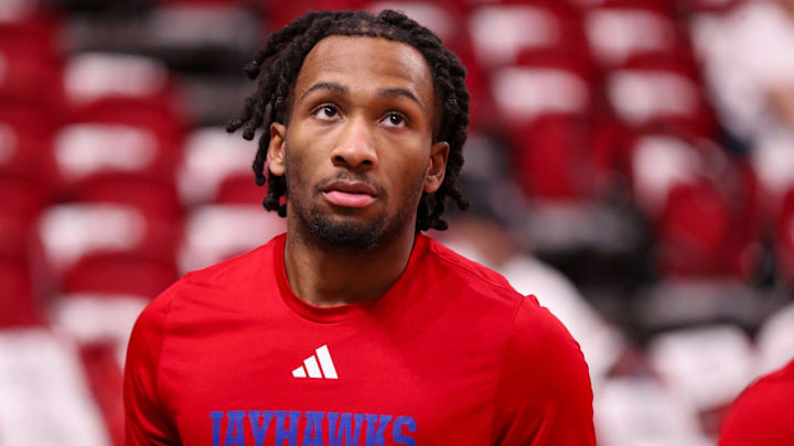 Kansas' Darryn Peterson warms up before a Big 12 Conference men's basketball game