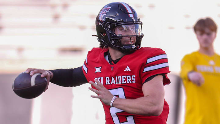 Brendan Sorsby looks to throw during the Texas Tech football team's spring game, Friday, April 17, 2026, at Jones AT&T Stadium.