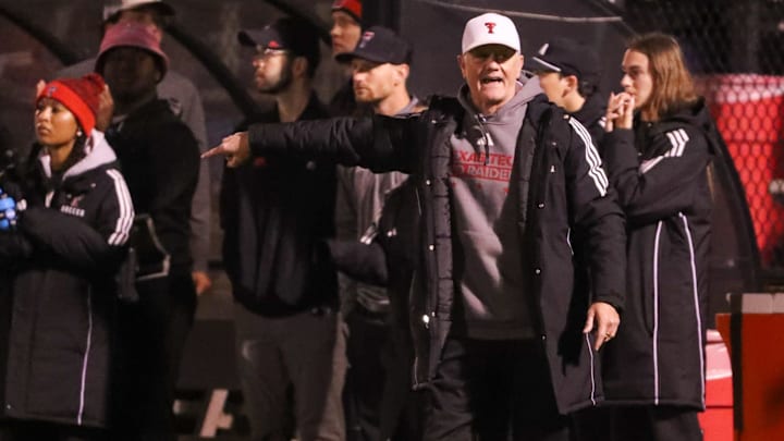 Texas Tech head coach Tom Stone instructs his team against LSU during the first round of the NCAA women's soccer tournament, Friday, Nov. 15, 2024, at John Walker Soccer Complex.
