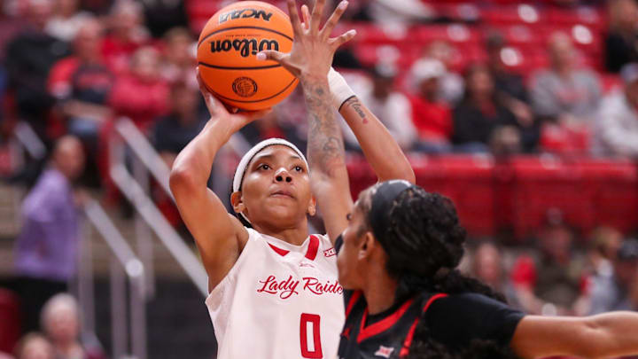 Texas Tech's Snudda Collins looks to shoot against Houston during a Big 12 Conference women's basketball game, Tuesday, Jan. 13, 2026, in United Supermarkets Arena.