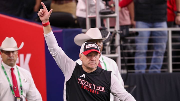 Texas Tech head coach Joey McGuire enters the field before the Big 12 Conference championship football game, Saturday, Nov. 6, 2025, at AT&T Stadium in Arlington.
