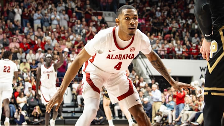 Alabama freshman Davion Hannah guards the inbound against Purdue in the first half of the game on November 13, 2025.
