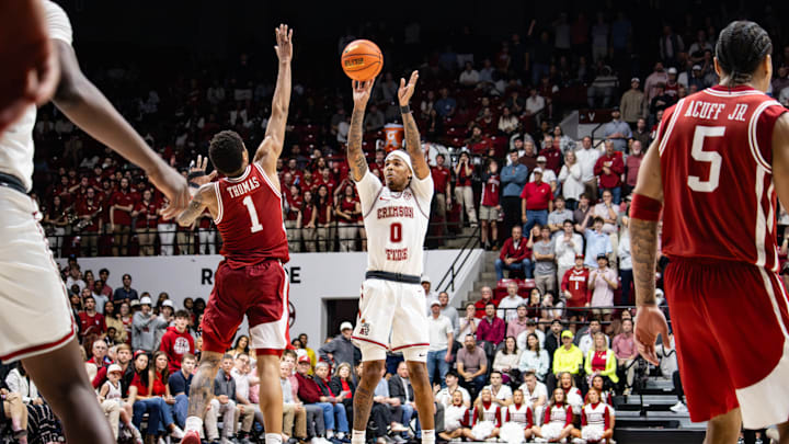Alabama guard Labaron Philon Jr sinks a three in the second half of the game against Arkansas on Feb. 18, 2026.