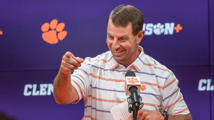 Clemson head coach Dabo Swinney talks during the Clemson football Media Outing & Open House at the Allen N. Reeves Football Complex in Clemson, S.C. Tuesday, July 16, 2024. Clemson head coach Dabo Swinney talks during the Clemson football Media Outing & Open House at the Allen N. Reeves Football Complex in Clemson, S.C. Tuesday, July 16, 2024.