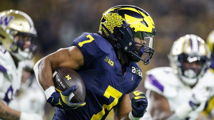 Michigan running back Donovan Edwards runs against Washington during the second half of U-M's 34-13 win in the College Football Playoff national championship game in Houston on Monday, Jan. 8, 2024.