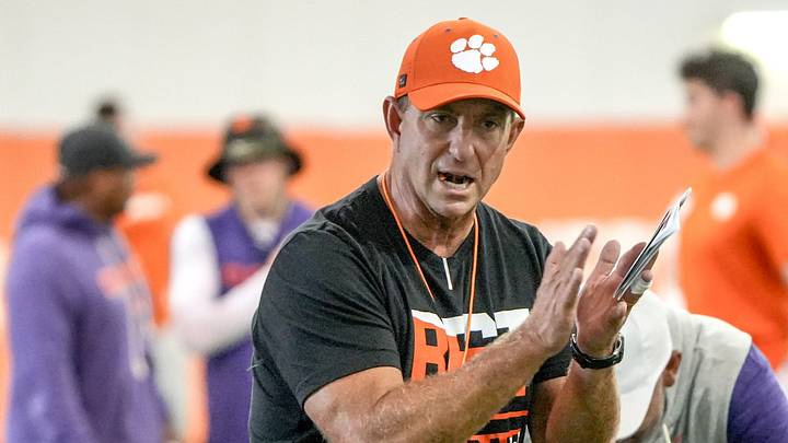 Clemson head coach Dabo Swinney encourages his players stretching during practice in the at the Allen N. Reeves Sports Complex in Clemson, S.C. Thursday, August 6, 2026. Clemson head coach Dabo Swinney encourages his players stretching during practice in the at the Allen N. Reeves Sports Complex in Clemson, S.C. Thursday, August 6, 2026.
