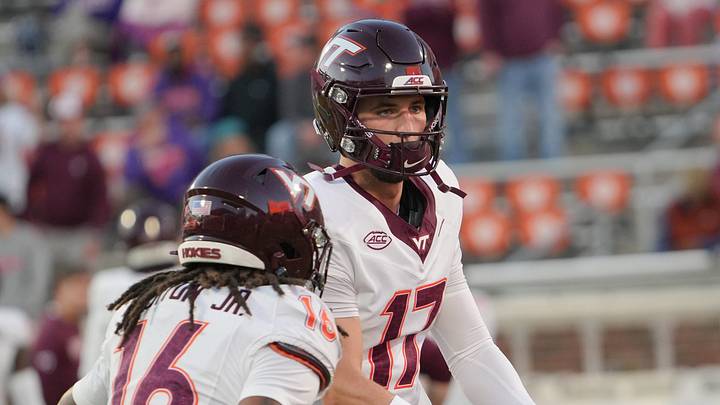 Virginia Tech Hokies quarterback Ethan Grunkemeyer (17) during warm up time with Virginia Tech Hokies running back Jeffrey Overton, Jr. (16) before kickoff with Clemson and Virginia Tech at Memorial Stadium in Clemson, S.C. Saturday, Oct 24, 2026.