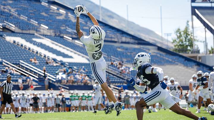 Wide receiver Kyler Kasper scores a touchdown in BYU's first scrimmage of Fall Camp Wide receiver Kyler Kasper scores a touchdown in BYU's first scrimmage of Fall Camp