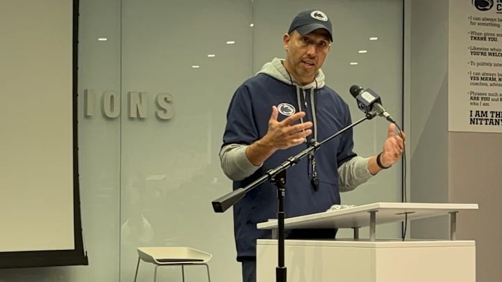 Penn State Nittany Lions football coach Matt Campbell meets the media in the Lasch Football Building.
