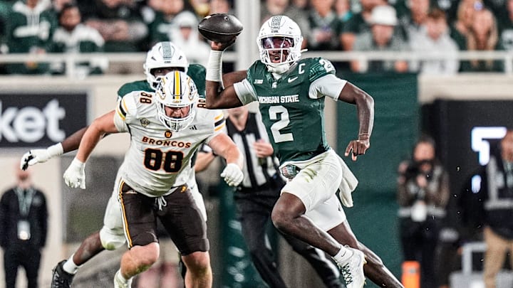 Michigan State quarterback Aidan Chiles (2) looks to pass against Western Michigan during the second half at Spartan Stadium in East Lansing on Friday, August 29, 2025.