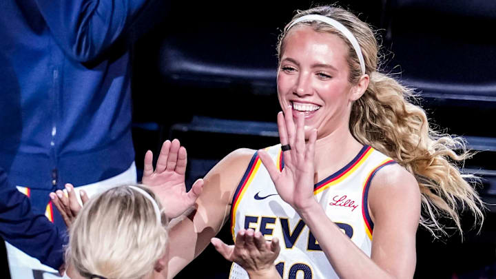Indiana Fever guard Lexie Hull (10) is introduced Saturday, May 24, 2025, during a game between the Indiana Fever and the New York Liberty at Gainbridge Fieldhouse in Indianapolis. Indiana Fever guard Lexie Hull (10) is introduced Saturday, May 24, 2025, during a game between the Indiana Fever and the New York Liberty at Gainbridge Fieldhouse in Indianapolis.