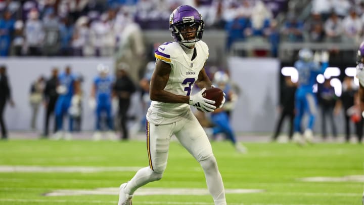 Dec 24, 2023; Minneapolis, Minnesota, USA; Minnesota Vikings wide receiver Jordan Addison (3) warms up before the game against the Detroit Lions at U.S. Bank Stadium. Dec 24, 2023; Minneapolis, Minnesota, USA; Minnesota Vikings wide receiver Jordan Addison (3) warms up before the game against the Detroit Lions at U.S. Bank Stadium.