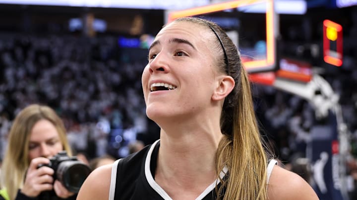 New York Liberty guard Sabrina Ionescu celebrates a Game 3 WNBA Finals win.