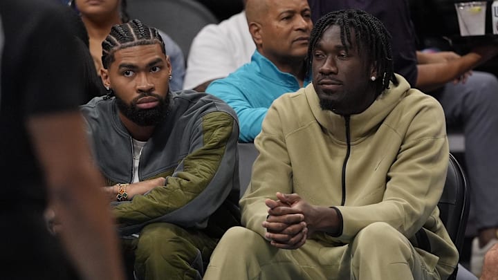 Nov 6, 2024; Charlotte, North Carolina, USA; Charlotte Hornets center Nick Richards (4) and center Mark Williams (5) sit on the bench during the second quarter at Spectrum Center. Mandatory Credit: Jim Dedmon-Imagn Images Nov 6, 2024; Charlotte, North Carolina, USA; Charlotte Hornets center Nick Richards (4) and center Mark Williams (5) sit on the bench during the second quarter at Spectrum Center. Mandatory Credit: Jim Dedmon-Imagn Images