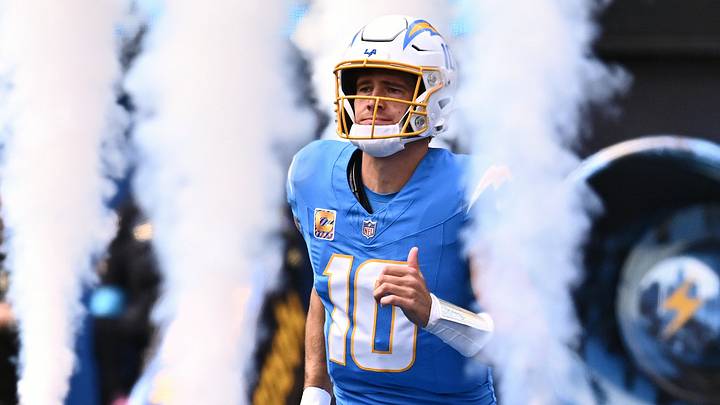 Oct 11, 2026; Inglewood, California, USA;  Los Angeles Chargers quarterback Justin Herbert (10) is introduced prior to the game against the Denver Broncos at SoFi Stadium.  Mandatory Credit: William Liang-Imagn Images