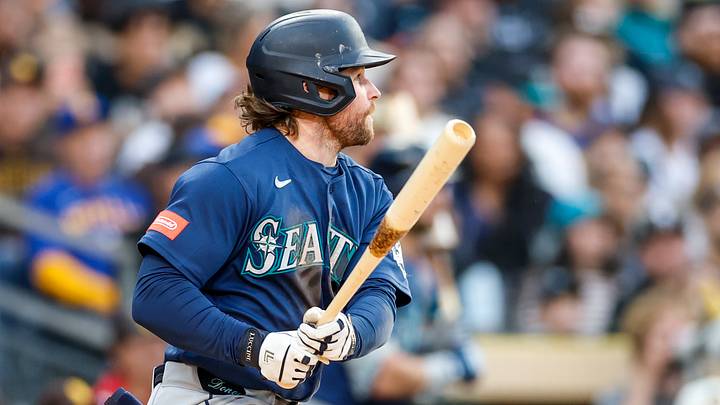 Apr 16, 2026; San Diego, California, USA; Seattle Mariners third baseman Brendan Donovan (33) hits a single during the fourth inning against the San Diego Padres at Petco Park. Mandatory Credit: David Frerker-Imagn Images Apr 16, 2026; San Diego, California, USA; Seattle Mariners third baseman Brendan Donovan (33) hits a single during the fourth inning against the San Diego Padres at Petco Park. Mandatory Credit: David Frerker-Imagn Images