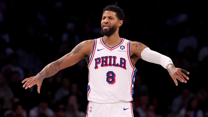 Feb 12, 2025; Brooklyn, New York, USA; Philadelphia 76ers forward Paul George (8) reacts during the fourth quarter against the Brooklyn Nets at Barclays Center. Mandatory Credit: Brad Penner-Imagn Images