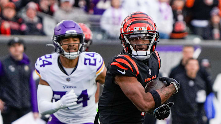 Cincinnati Bengals wide receiver Ja'Marr Chase (1) runs the ball in the 4th Paycor Stadium Saturday, December 16, 2023. Chase left the game in the 4th quarter with an unknown injury.