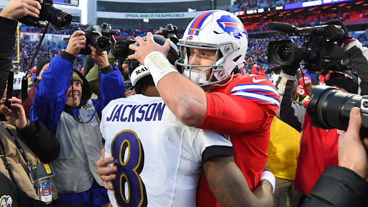 Dec 8, 2019; Orchard Park, NY, USA; Baltimore Ravens quarterback Lamar Jackson (8) and Buffalo Bills quarterback Josh Allen (17) embrace following the game at New Era Field. Mandatory Credit: Rich Barnes-Imagn Images