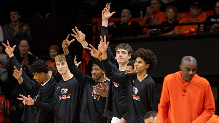 The Oregon State bench celebrates a three-pointer during an NCAA basketball game at Gill Coliseum on Saturday, Jan. 4, 2025, in Corvallis, Ore.