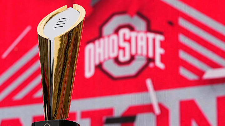 The championship trophy sits on the stage during the Ohio State Buckeyes College Football Playoff National Championship celebration at Ohio Stadium in Columbus on Jan. 26, 2025.